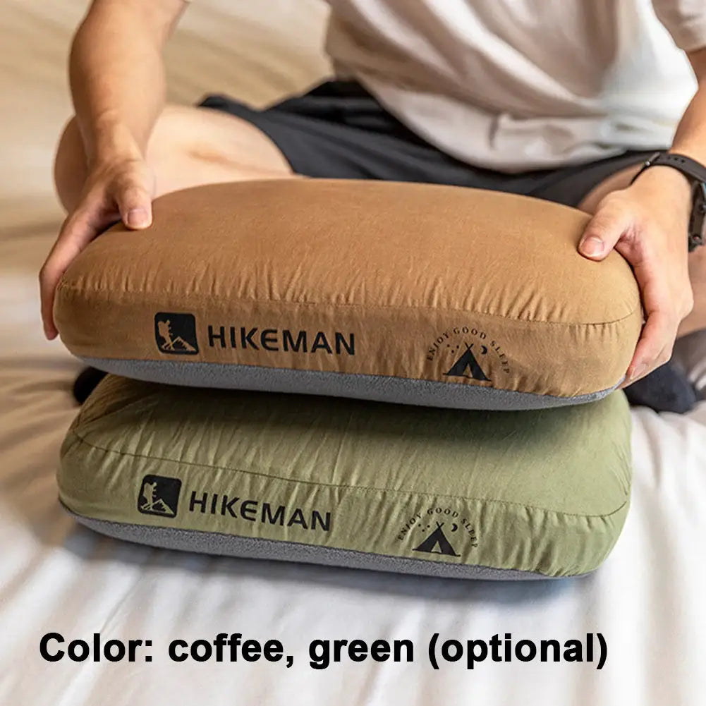 Neck-support memory foam travel pillows, 2 stacked in coffee and green, HIKEMAN.