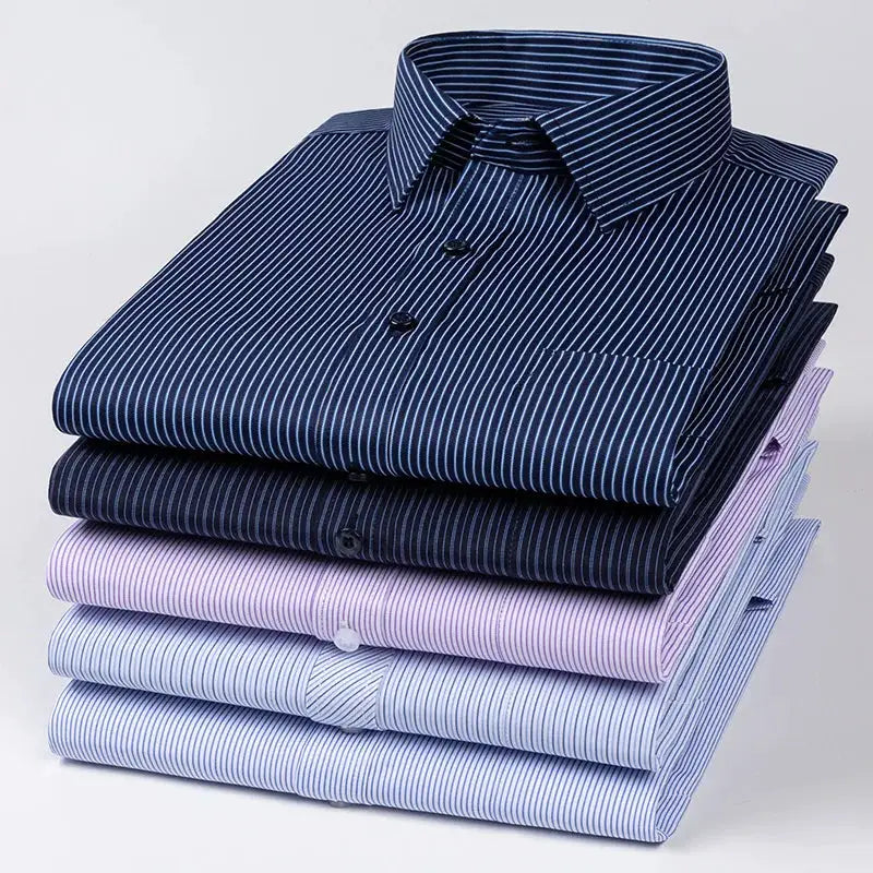 Men's long sleeve striped shirts by Simples Market, stack of five folded dress tops in navy to light blue tones.