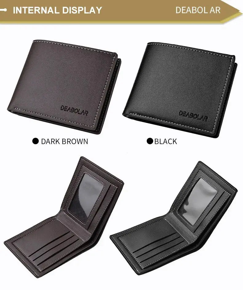 PU Leather Men Short Wallet by Simples Market, folding card holder; wallets in dark brown & black with ID window.