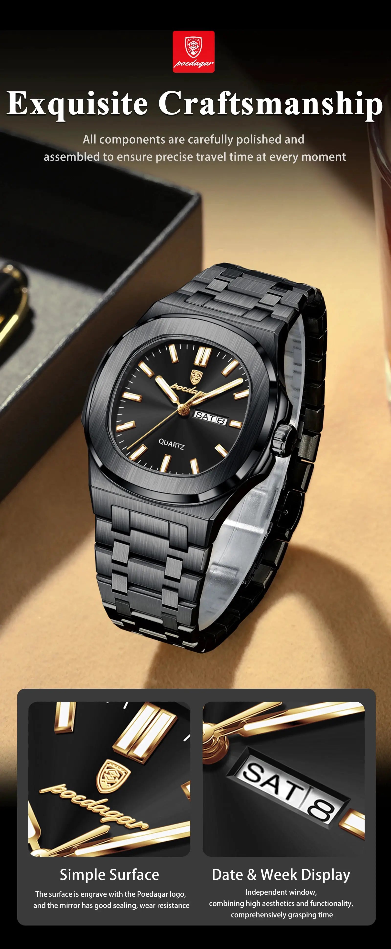 POEDAGAR square stainless steel men's watch with black dial, gold hands, date and day display, waterproof