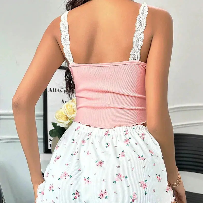 DreamLace Two Piece Lace Camisole Short Sleepwear Set For Women Lightweight Breathable Polyester Elastane Knit