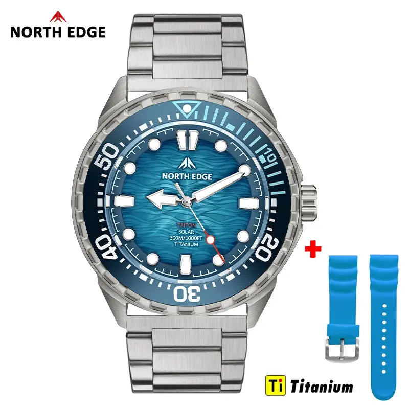 North Edge Triton-TI titanium diver watch with blue dial and steel bracelet; 300m water resistant, silicone strap