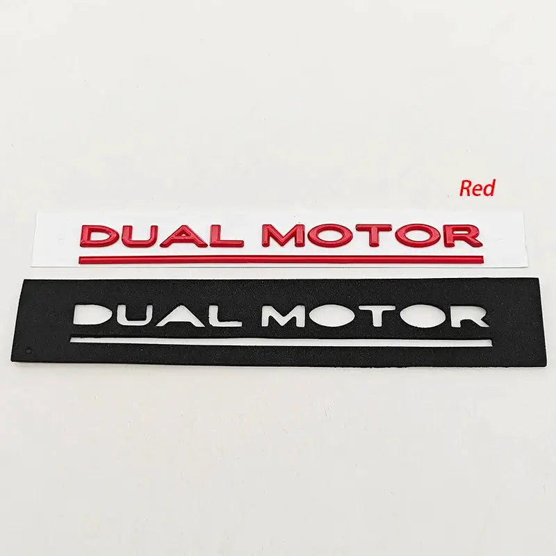 Dual Motor badge set; red-on-white and white-on-black 3D ABS emblems for Tesla Model Y S X 3 (2 pcs)