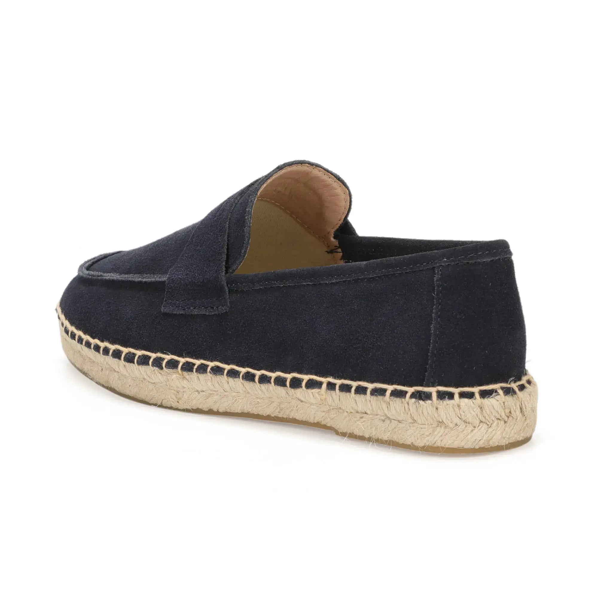 Men's navy suede jute espadrille slip-on loafer with natural braided sole