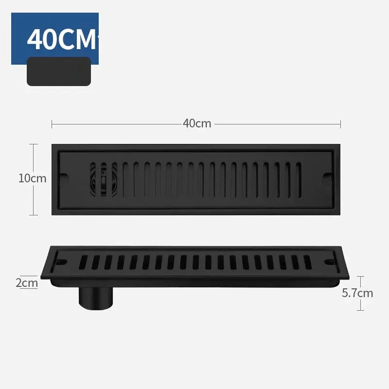 Rectangular floor drain, black stainless steel 304, 40cm long, anti-odor large-capacity shower drain