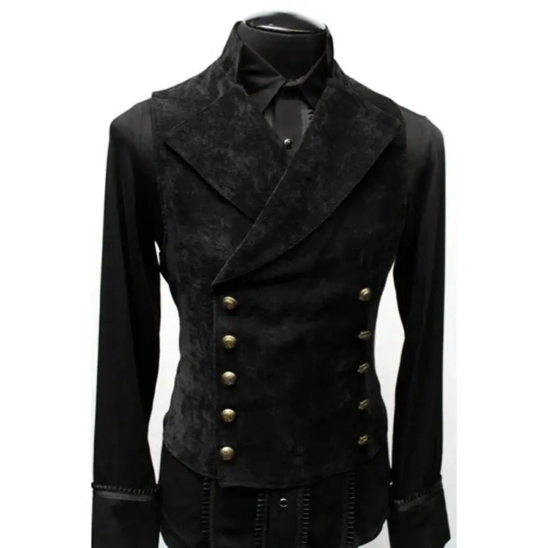 Men's gothic Victorian waistcoat costume, black velvet-like polyester double-breasted vest with brass buttons