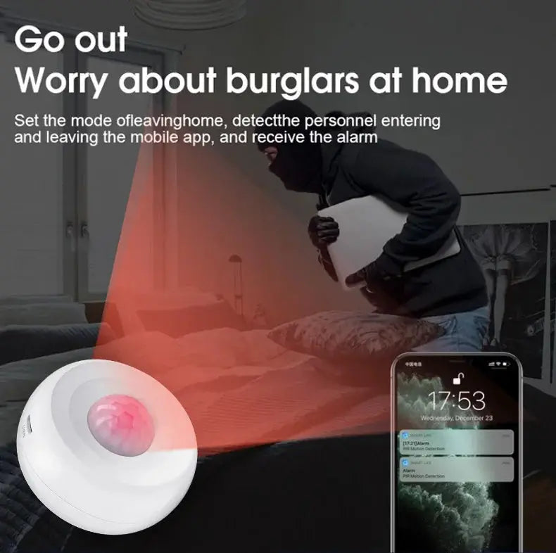 Tuya WiFi PIR motion sensor alarm, white circular device with red alert glow and smartphone app alerts