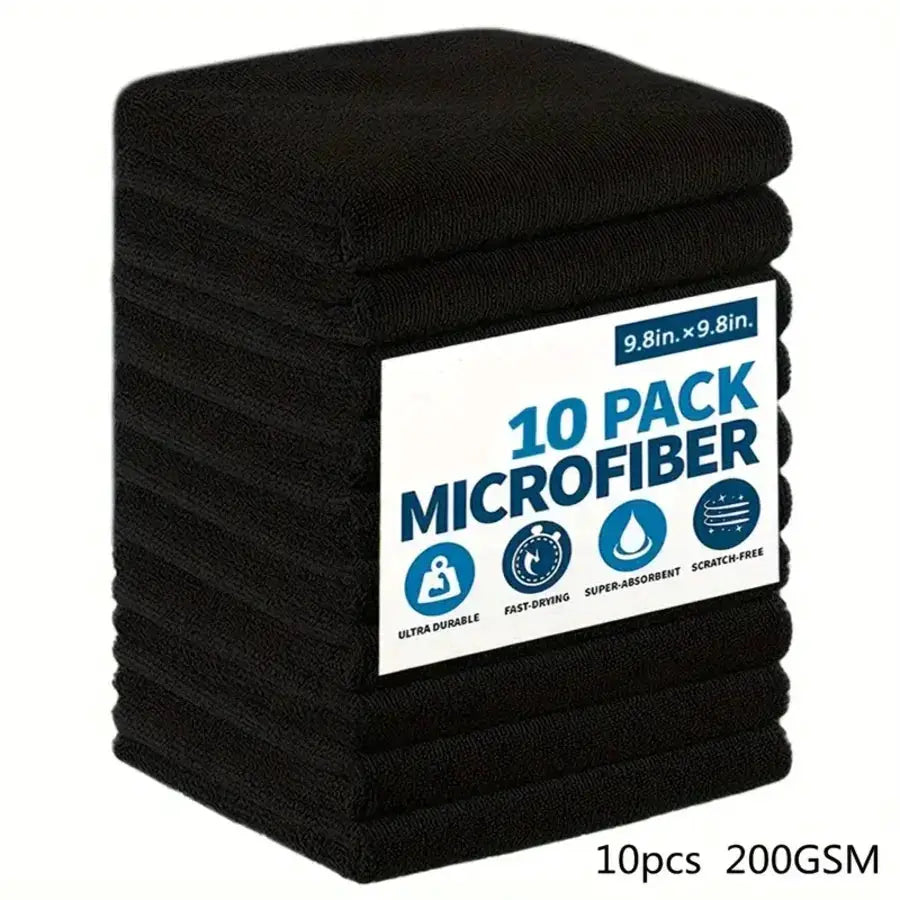 10-pack black microfiber kitchen towels set; ultra-absorbent, soft cleaning cloths