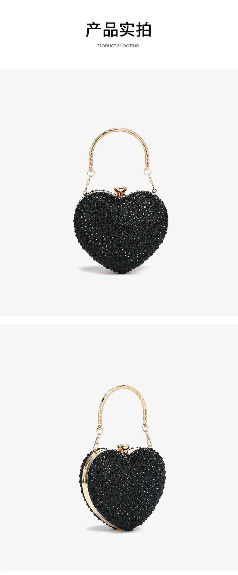 Luxury heart-shaped black crystal clutch purse by Simples Market with gold chain handle