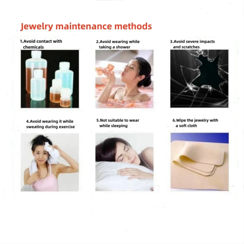 Jewelry care guide with six earring tips: avoid chemicals, water, impacts, sweat, sleeping, and wipe with a soft cloth