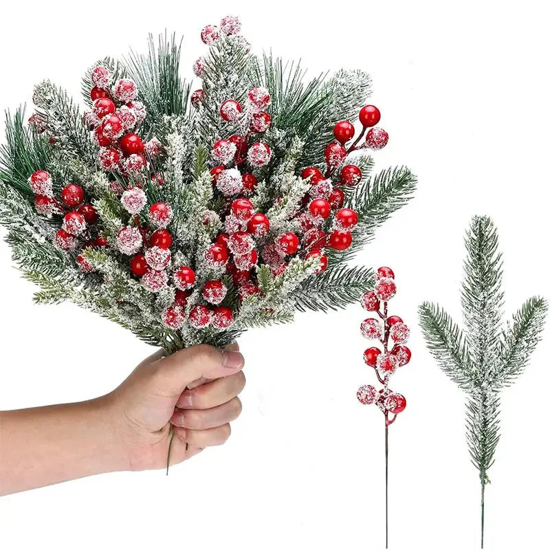 Simples Market artificial pine branch bouquet with red holly berries, snow-dusted for Xmas wreath decor