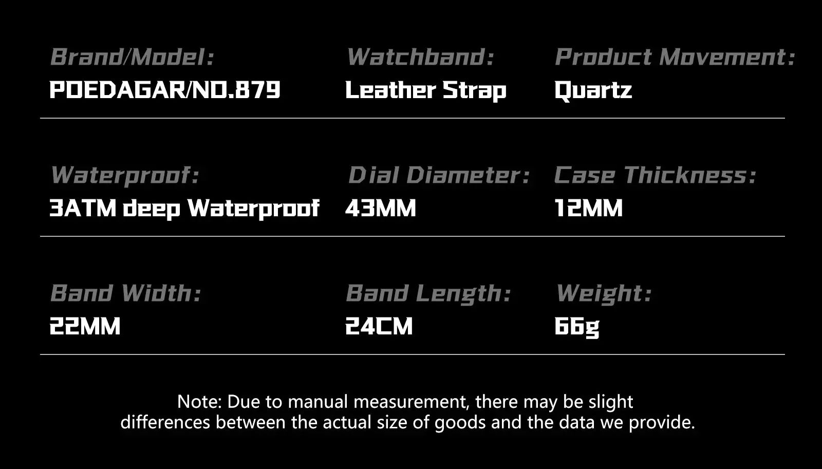 POEDAGAR leather-strap quartz wristwatch with 43mm dial, 3ATM waterproof, 12mm case, 22mm band, 24cm length, 66g