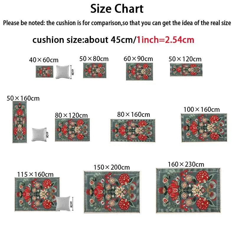 VIKAMA cartoon-style rifle-design carpet by Simples Market; size chart showing 10 rug sizes with cushions
