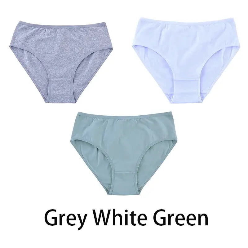 3-pack women's seamless cotton panties in grey, white, and green.