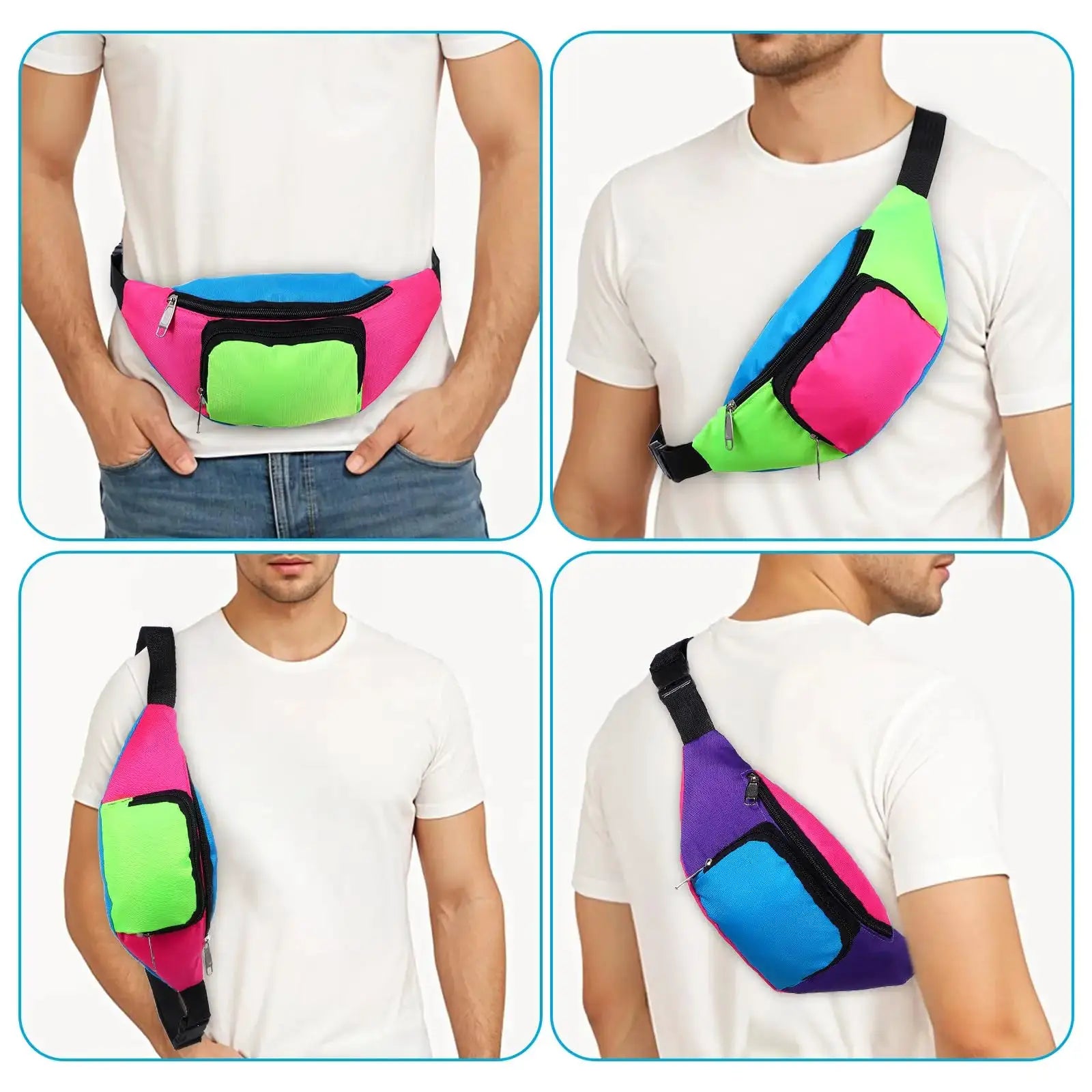 Fanny pack waist bag by Simples Market; neon colorblock, shiny nylon with front zip pocket and adjustable strap.