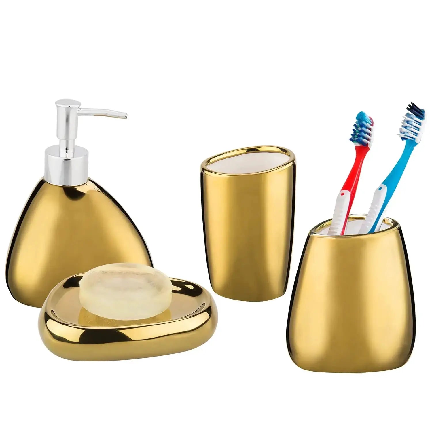 Gold 4-piece bathroom accessory set with soap dispenser, mouthwash cup, toothbrush holder, and soap dish