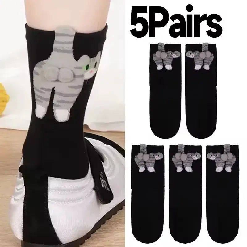 3D Cute Cat Socks Black And White Cotton Socks For Women And Girls Breathable Soft Kawaii Gift Sock Set