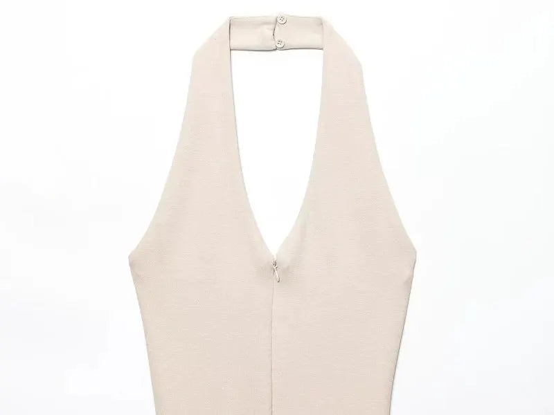 Beige sleeveless halter-neck long jumpsuit for women, simple design
