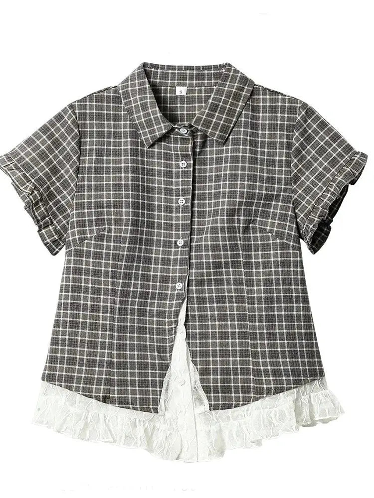 Lace patchwork plaid shirt for women, gray check pattern with white lace hem and short sleeves
