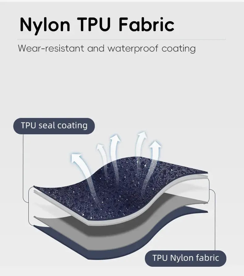 TARKA inflatable camping mat with pillow; blue nylon TPU fabric with TPU seal coating.
