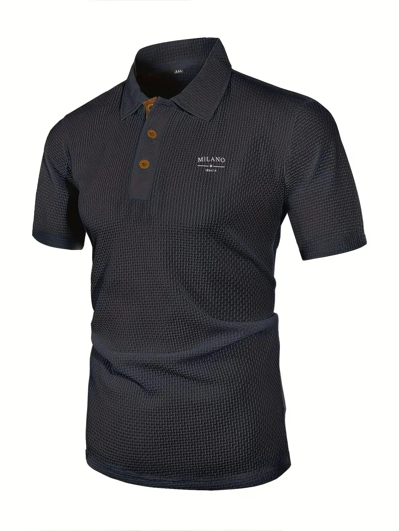 Men's polo shirt by Simples Market, navy textured knit with brown button placket and Milano Italia logo.