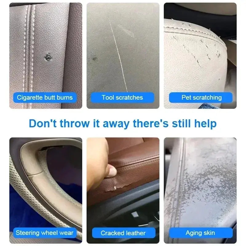 Simples Market Professional Liquid Leather Repair Kit for car seats and sofas; 6 damage examples shown.