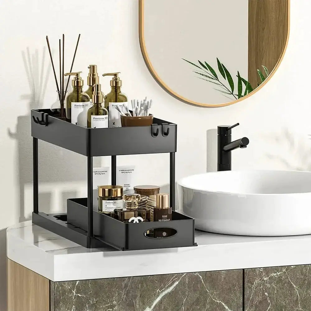 Multifunctional storage rack, 2-tier under-sink sliding bathroom cabinet organizer with hooks, Simples Market, black