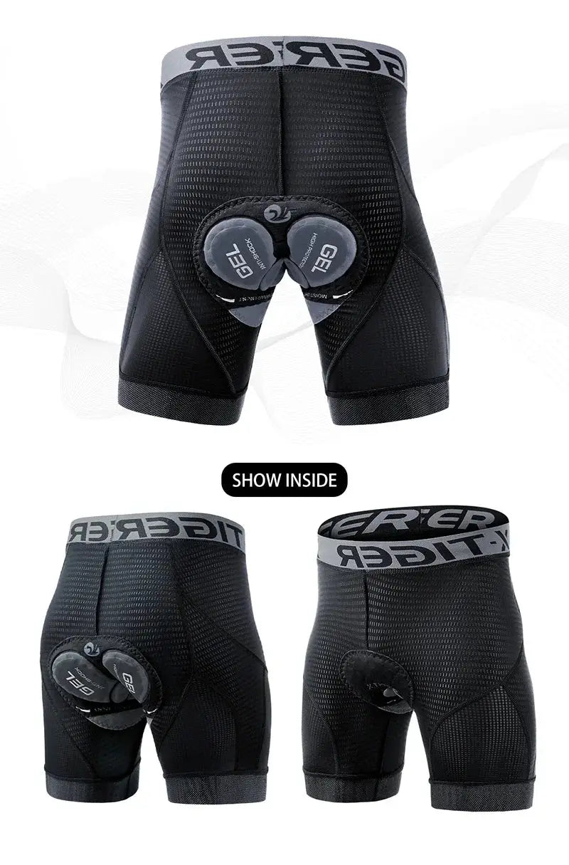 X-TIGER black cycling shorts with 5D padded liner, breathable fabric, and anti-slip leg grips