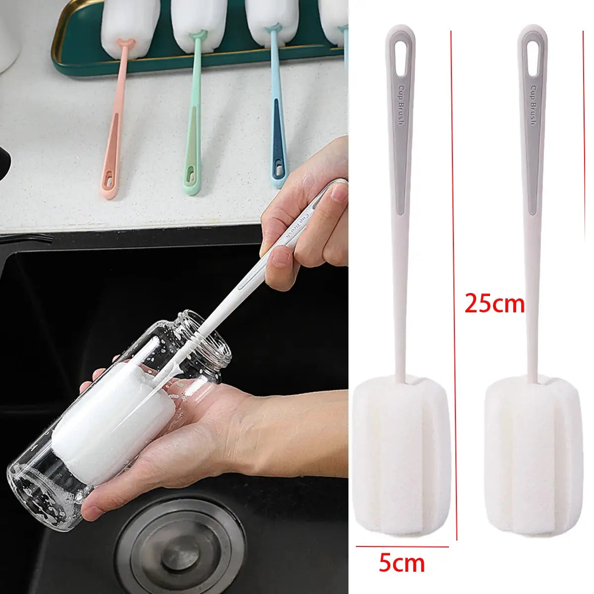 Long-Handle Cup Brush set with pastel handles and white foam heads for bottle cleaning, 25 cm long