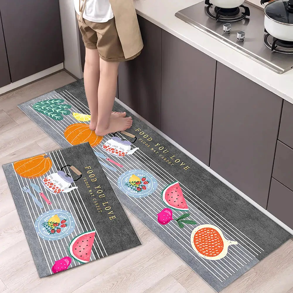 Simples Market non-slip kitchen mat runners; long velvet fruit-print rugs, absorbent, 2-piece set