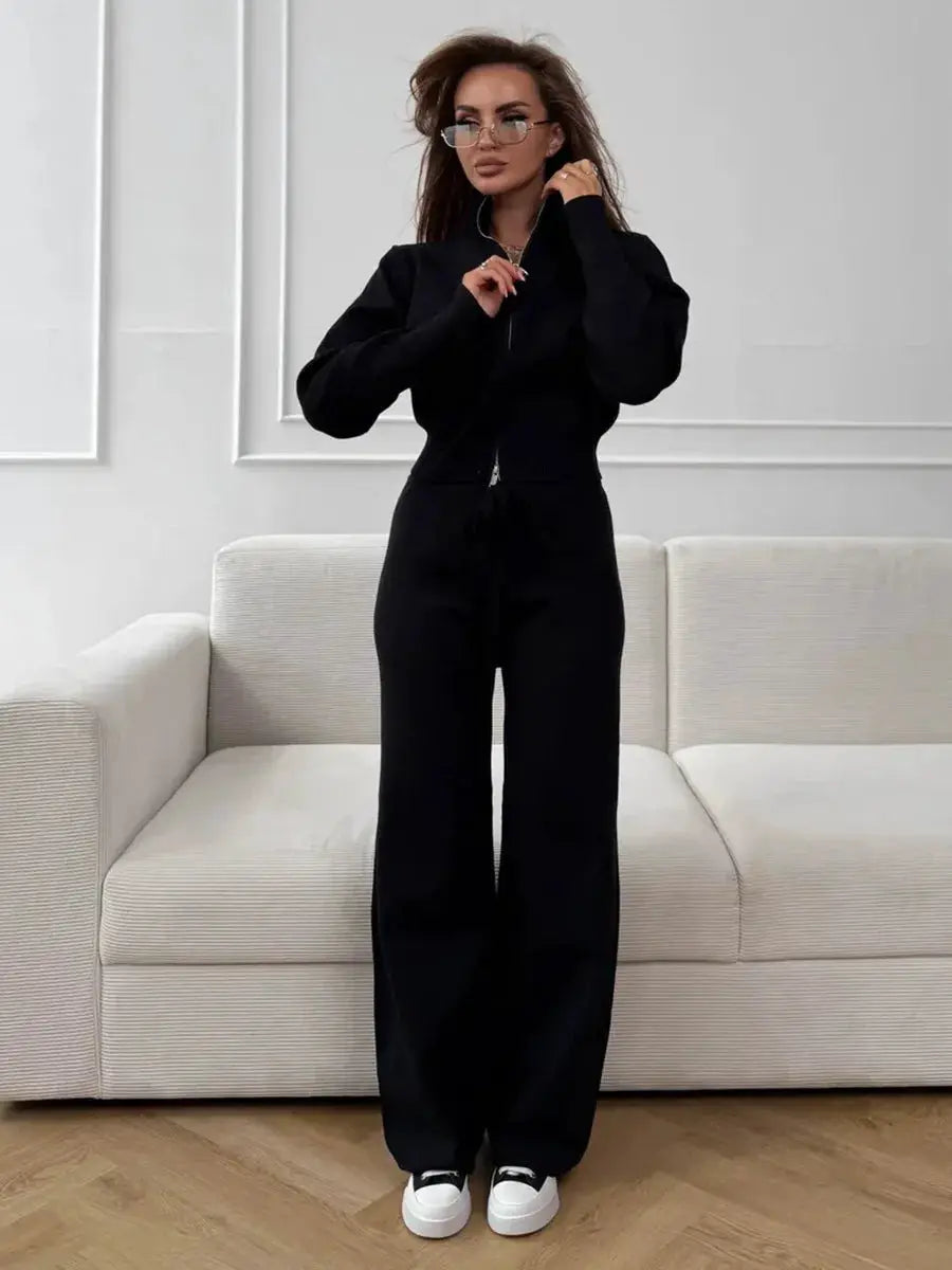 Bornladies Knit Zip Up Cropped Cardigan With Wide Leg Pants Set Women