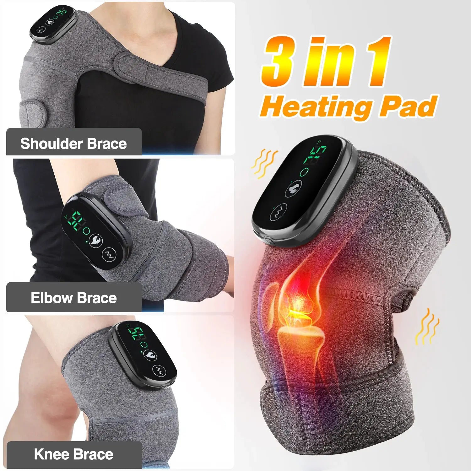 Simples Market 3-in-1 electric heating massager for knee, elbow, and shoulder; gray fabric with digital control panel