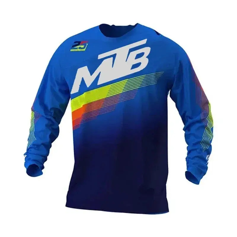 Blue gradient long-sleeve motocross MTB jersey with bold white MTB logo and colorful diagonal stripes