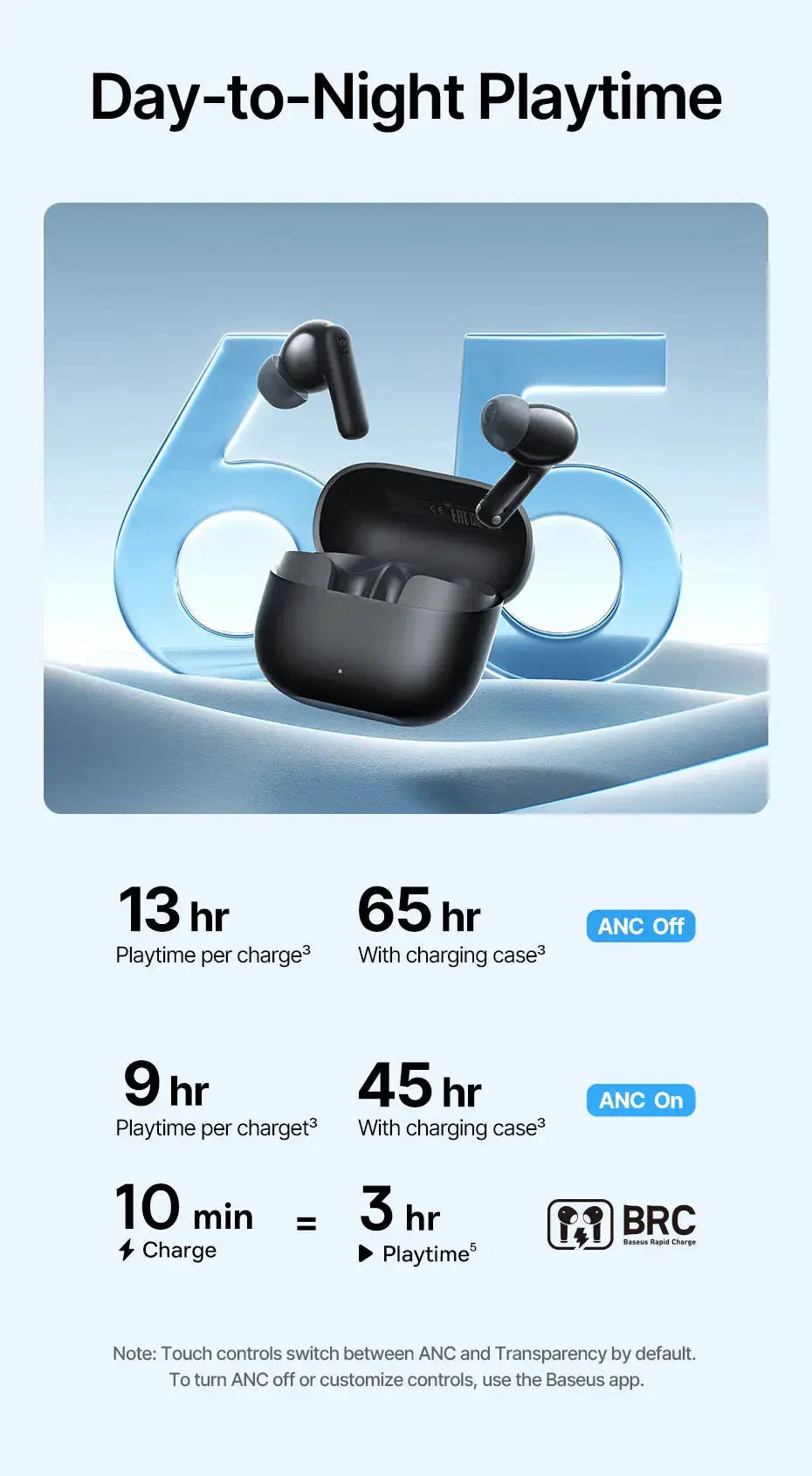 Baseus Bass EP10 wireless earbuds in a black charging case with 65h total playtime