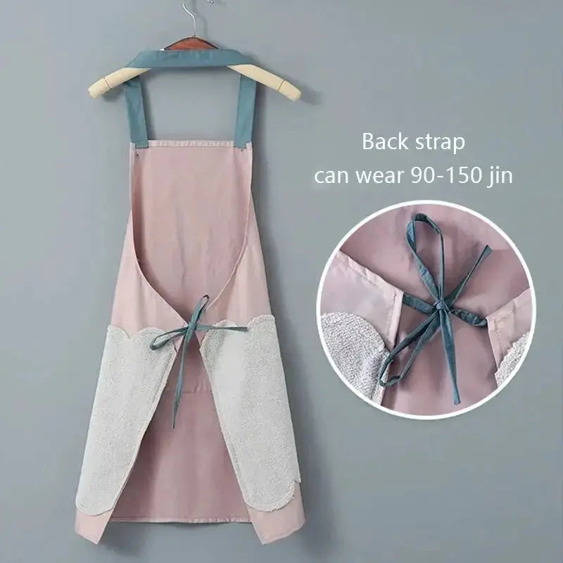 Women's pink kitchen apron with teal straps and lace panels; oil-proof, waterproof.