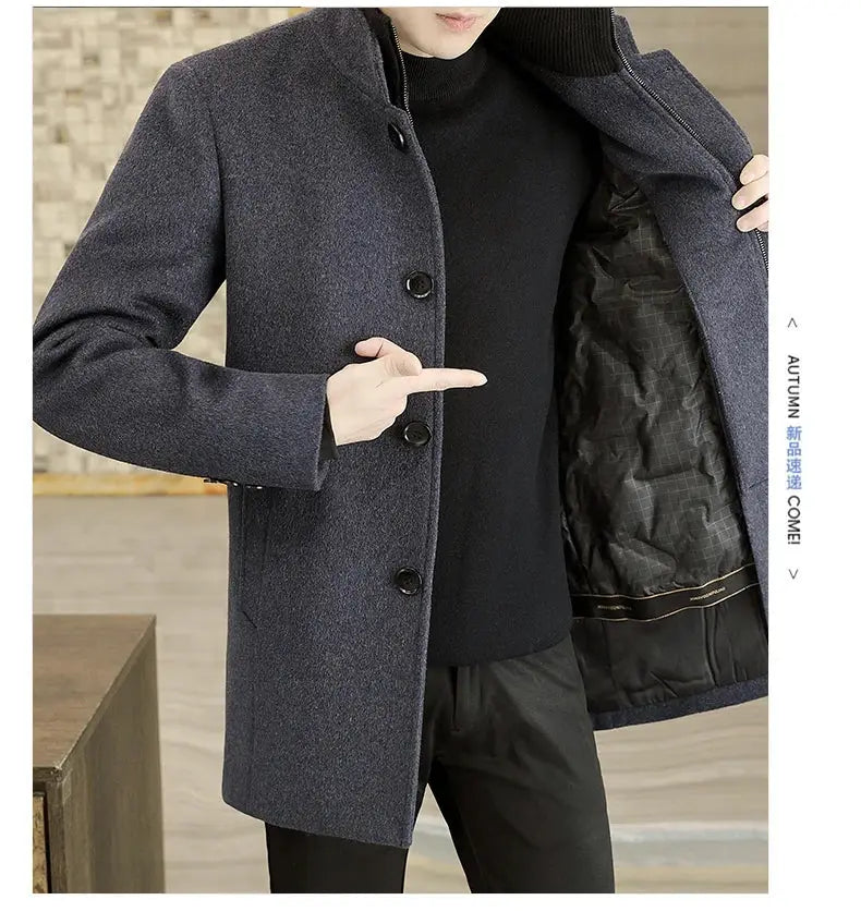Men's wool coat with removable down liner, navy blue, button-front trench style