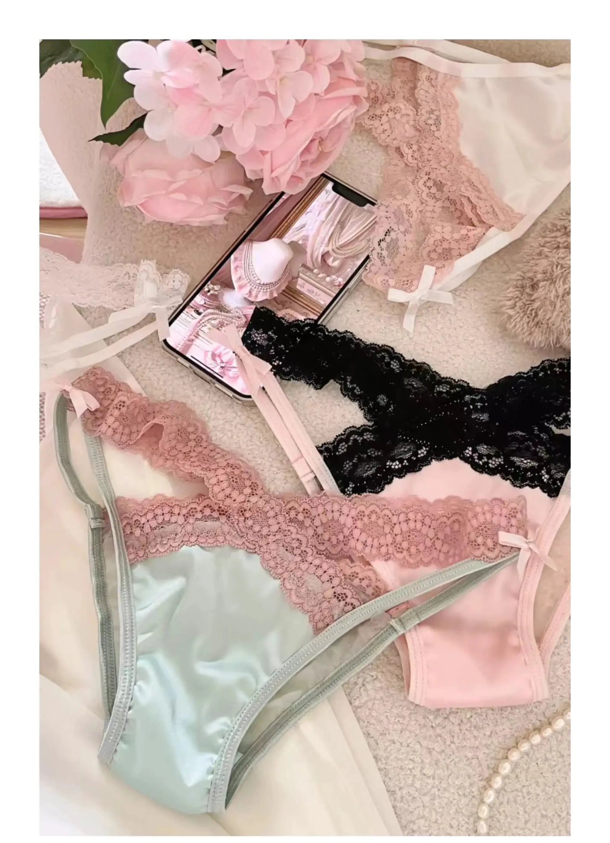 Cross belt lace lingerie set in pink and black with sheer mesh briefs and bows (4 pieces)