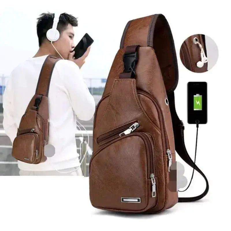 Simples Market brown PU leather crossbody chest bag with USB charging for commuting