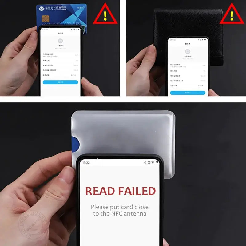 Simples Market RFID blocking card set with blue card and black wallet demonstrating contactless protection and read failed NFC test