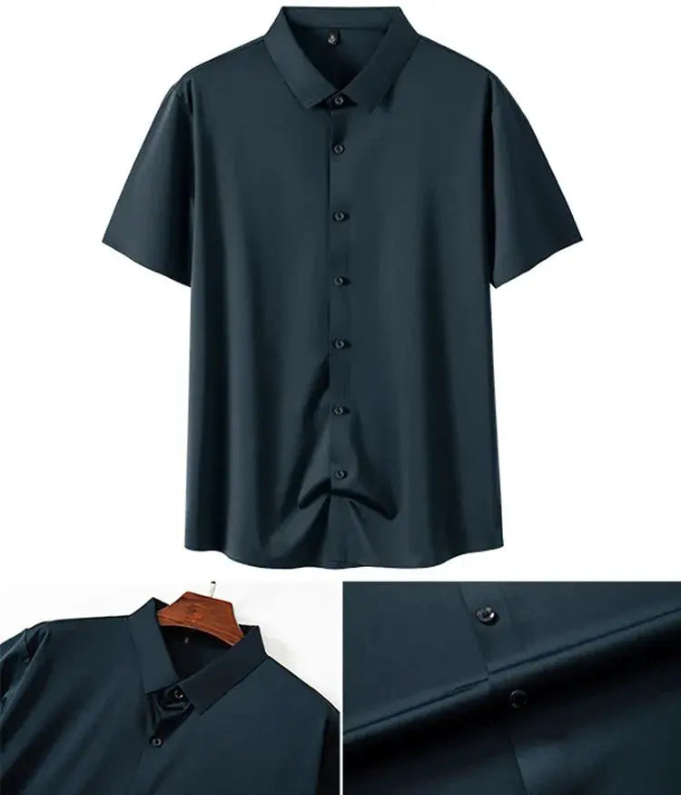 Simples Market men's short-sleeve wrinkle-free black dress shirt with button-front