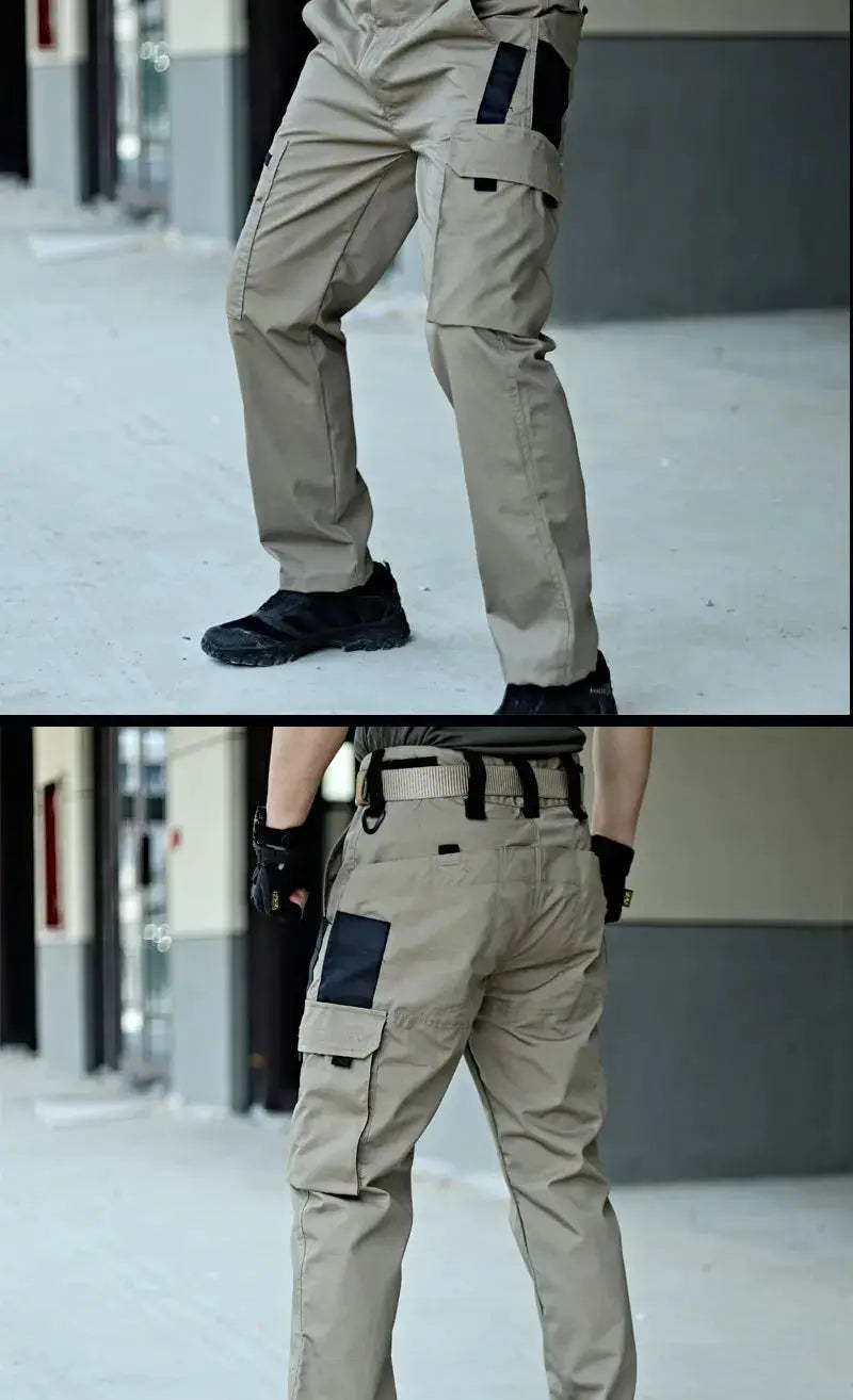 Simples Market New tactical work pants for men, beige cargo waterproof trousers with multiple pockets.