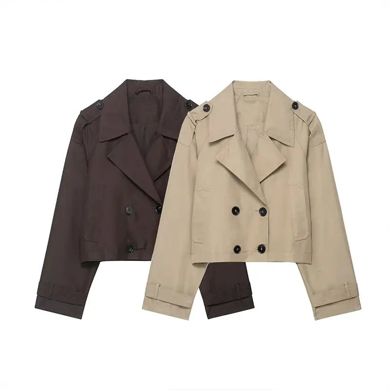EleganceLane Double Breasted Short Trench Coat Vintage Style Turn Down Collar With Modern Comfort Womens Coat