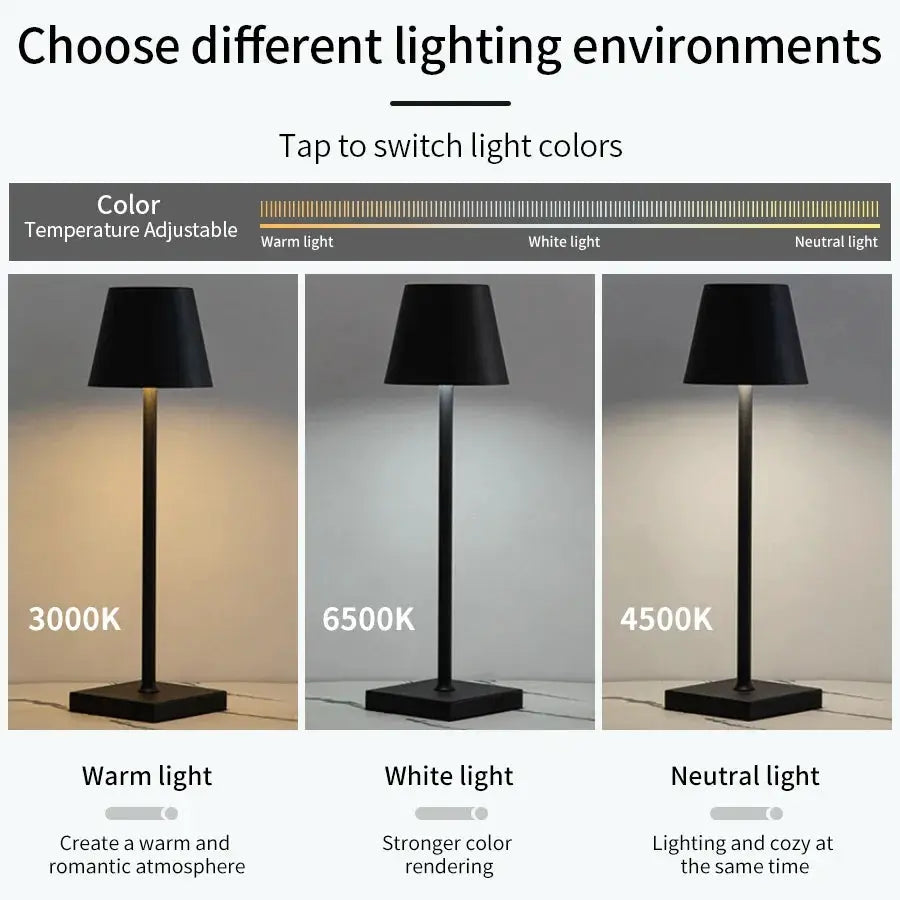 LED desk lamp USB rechargeable with wireless touch control; 3 color temperatures (3000K warm, 4500K neutral, 6500K white)