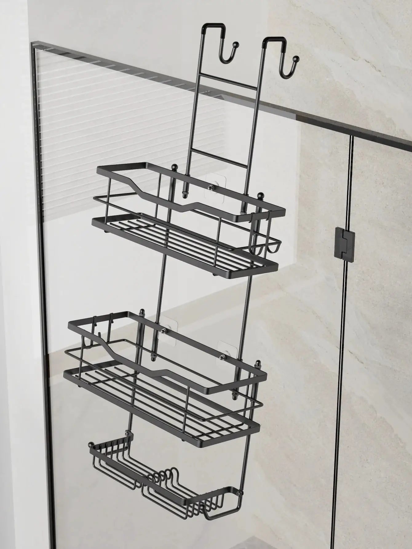 Simples Market 3-tier hanging shower caddy, black/silver metal, with two soap dishes, large capacity.