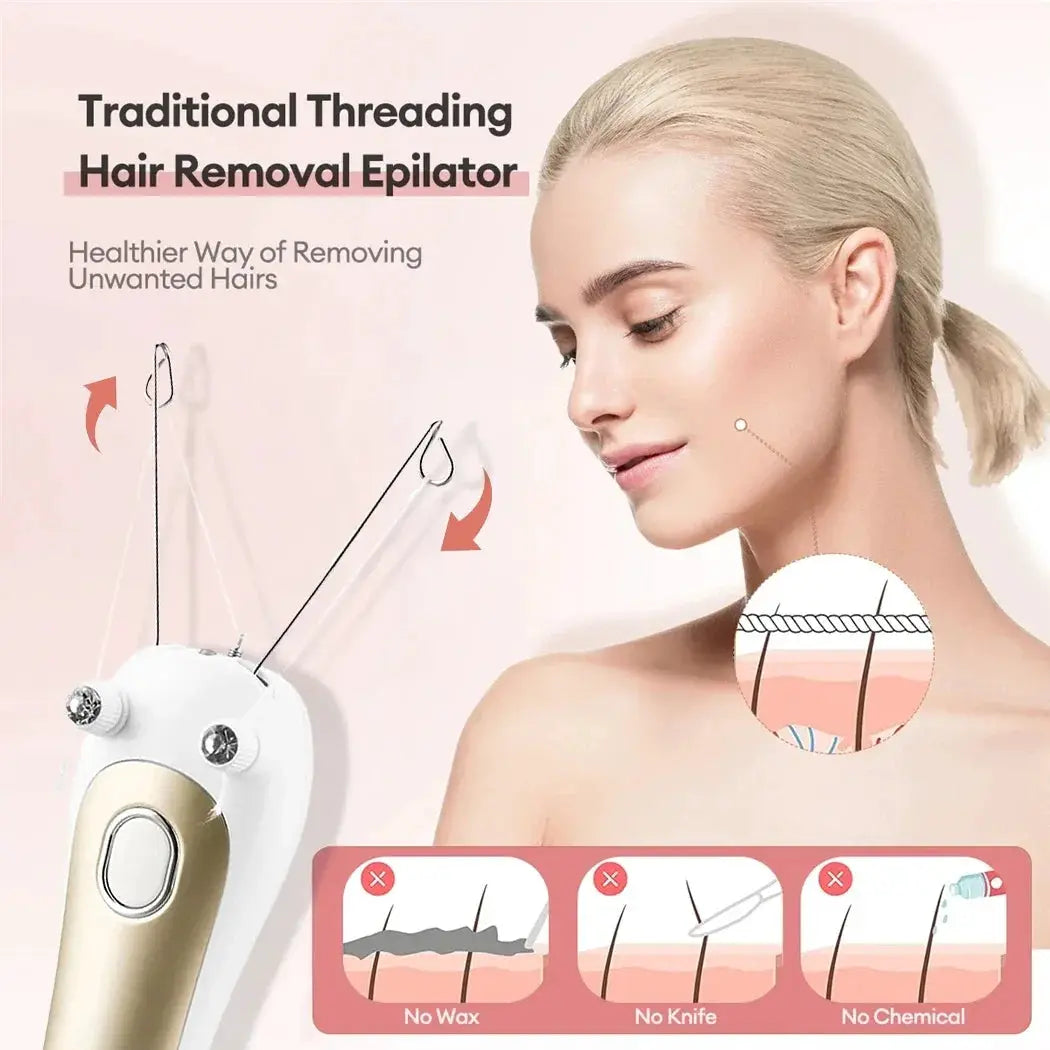 Electric threading epilator by Simples Market, white and gold, portable facial and body hair remover with cotton thread