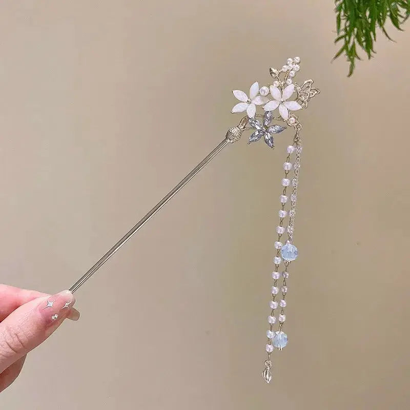 Elegant Chinese Style Romantic Enameled Flower Tassel Hair Clip Alloy Jewelry Hairpin For Women Fashion Accessory
