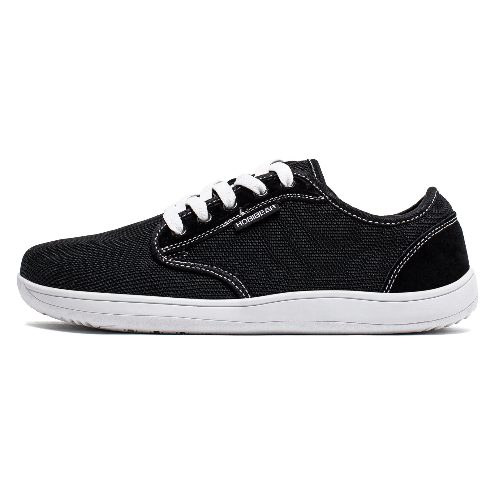 HOBIBEAR barefoot sneaker, black mesh upper, white laces, white sole with logo tag