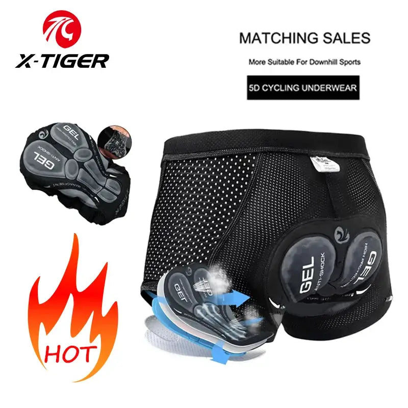 X-TIGER men's cycling underwear with 5D gel-cushioned MTB shorts in black mesh
