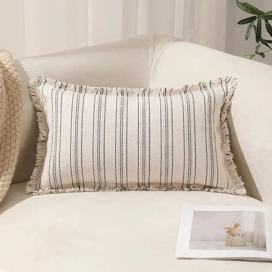 Pillow cover Summer Boho striped beige 30x50 with fringed edges, Simples Market