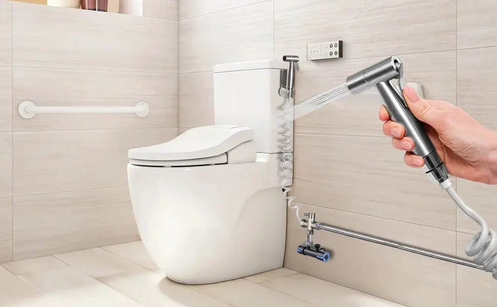 Handheld bidet sprayer kit, stainless steel spray gun with 3-way valve by Simples Market for hygiene and pet bathing